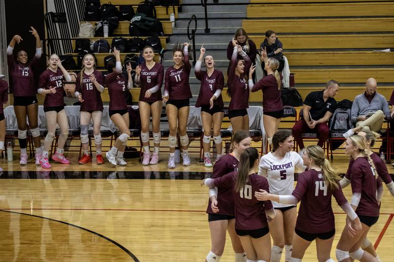 Lockport’s team celebrates after scoring a point during the 4A L-W Central Regional varsity volleyball game against Plainfield North at Lincoln-Way Central on Oct. 30, 2025.