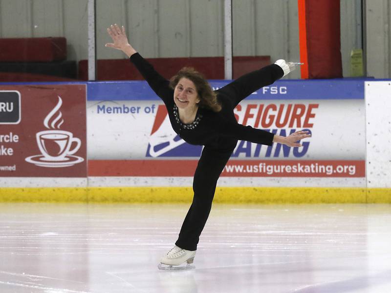 Cindy Clay Crousem, 66, skates Tuesday April 23, 2024, at the Crystal Lake Ice House. She recently placed second in a national adult figure skating competition in Cleveland earlier this month.