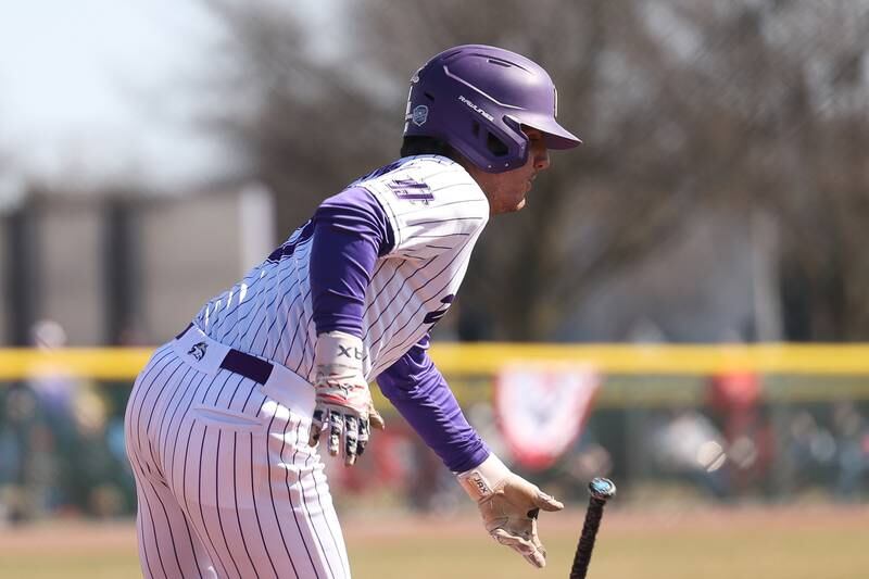 Joliet Junior College’s Ryan Holloway heads to first base against Illinois Valley in game one of their double-header at the Wolves home opener on Sunday Mar. 3rd, 2024 in Joliet.