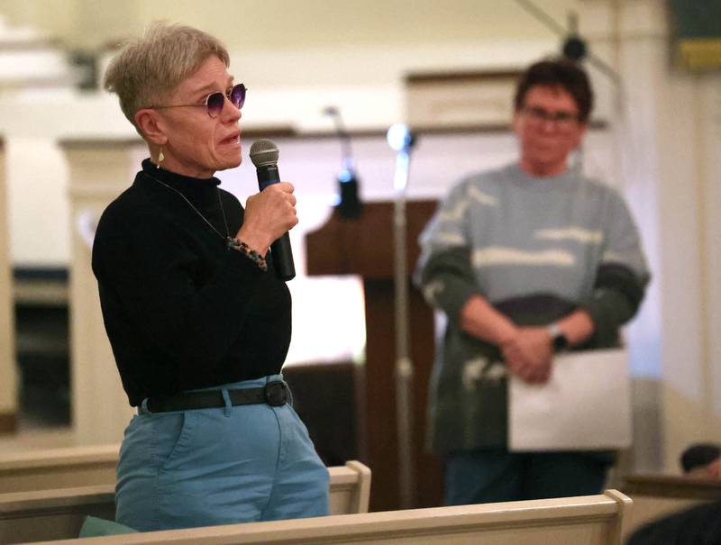 An attendee speaks Monday, Feb. 2, 2026, during the Vigil for Peace at the First Congregational United Church Of Christ in DeKalb. The vigil is being held in remembrance of those lost in recent ICE related shootings and to show solidarity with the people of Minnesota.