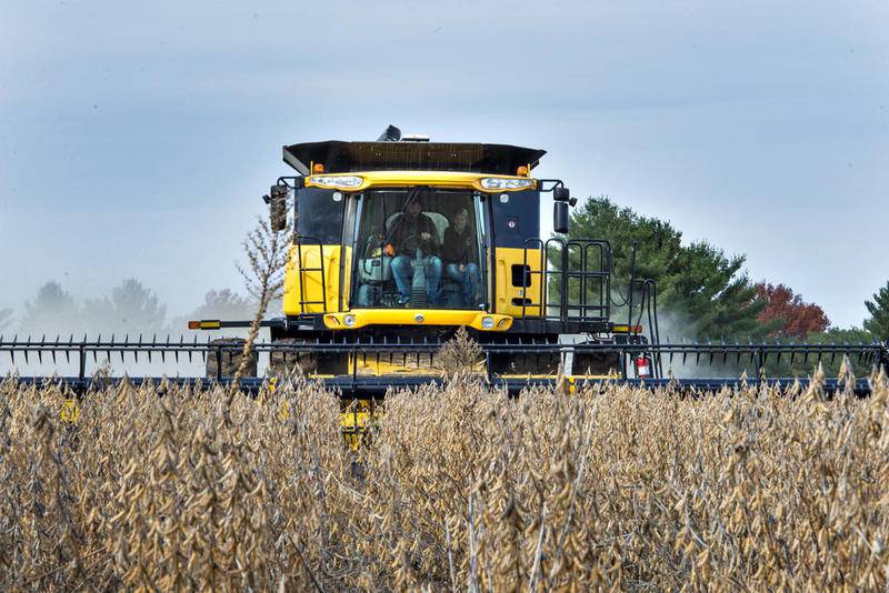 Farmer Jacob Pratt and SVCC ag student Sierra Harris harvest soy beans Thursday morning at Sauk Valley Community College.