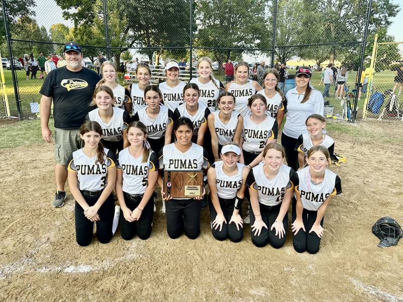 Putnam County beat IV Catholic 12-3 for the Class 1A regional championship game on Tuesday, Sept. 12 in McNabb. Team members are (front row, from left) Naomi Hammerick, Sarah Schennum, Britney Trinidad, Eden Carlson, Kami Nauman and Bailee Vice; (middle row)  Kennedy Holocker Jaycee Dickey, Mcklay Gensini, Sofie Borri, Illiana Luke and Emmy Carboni; and (back row) Coach Rob Spratt, Piper Terando, Hannah Heiberger, Finley Rue, Tula Rue , Myah Richardson, Amelia Wozniak and Adrianna Zeman.