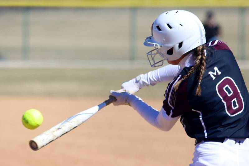 Marengo’s Gabrielle Gieseke makes contact against North Boone in varsity softball at Marengo High School in Marengo on Saturday, March 22, 2025.