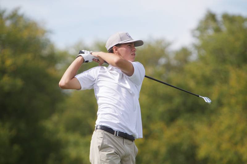 St. Charles East's Anthony Solare hits a shot at the Class 3A St. Charles North Regional on Wednesday, Oct. 1, 2025 at Bowes Creek Country Club in Elgin.