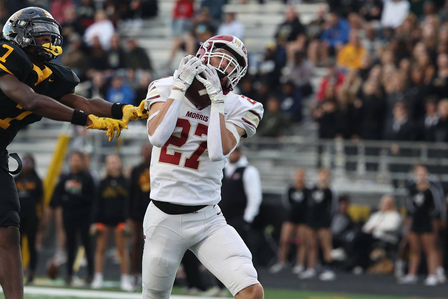 Morris’ Jack Wheeler pulls in a pass for a touchdown against Joliet West on Friday, Sept. 6, 2024 in Joliet.