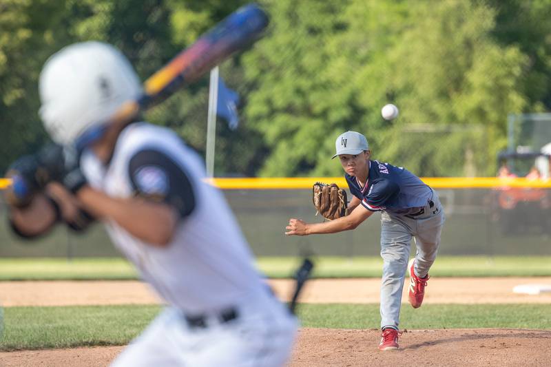 Geno Argubright of Illinois District 20 pitches on Saturday, July 12, 2025 at Washington Park in Peru.
