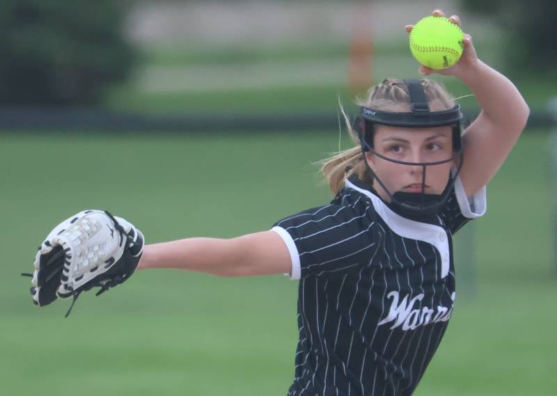 Woodland's Tayjor Heidenreich lets go of a throw to Henry-Senachwine on Tuesday, May 12, 2026 at Woodland High School.