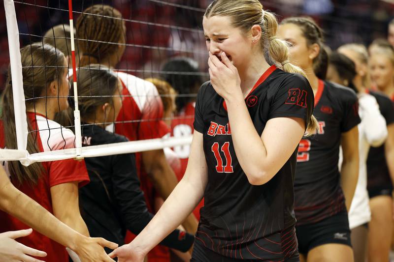 Benet Academy's Ellie Stiernagle (11) reacts after the IHSA Class 4A girls volleyball championship match Saturday, Nov. 16, 2024 at CEFCU Arena in Normal.