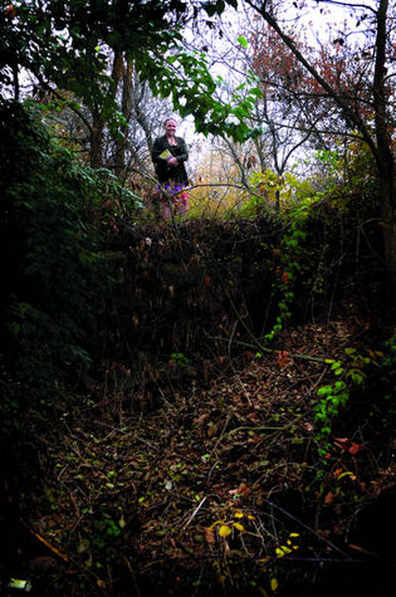 Dixon author A.K. Thompson stands at the top of the gulch where the body of Frederick Thiel was found in 1885. The gruesome murder is one of the subjects of Thompson's book and also led to the naming of Bloody Gulch Road.
