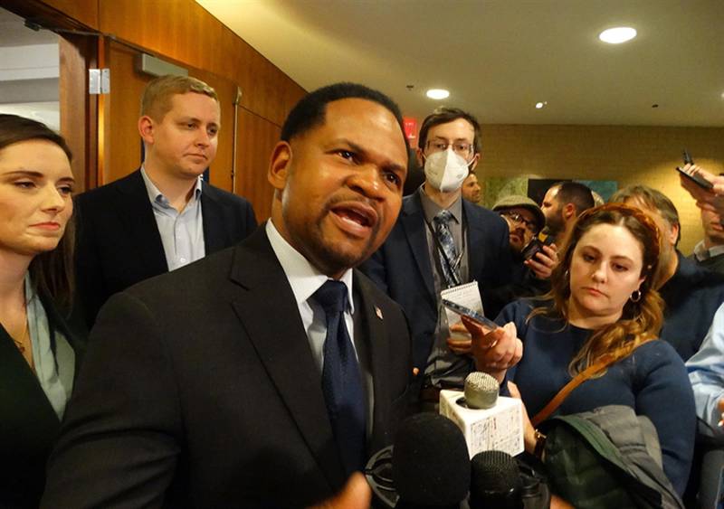 Aurora Mayor Richard Irvin speaks to reporters in Springfield in March during a campaign kickoff event.