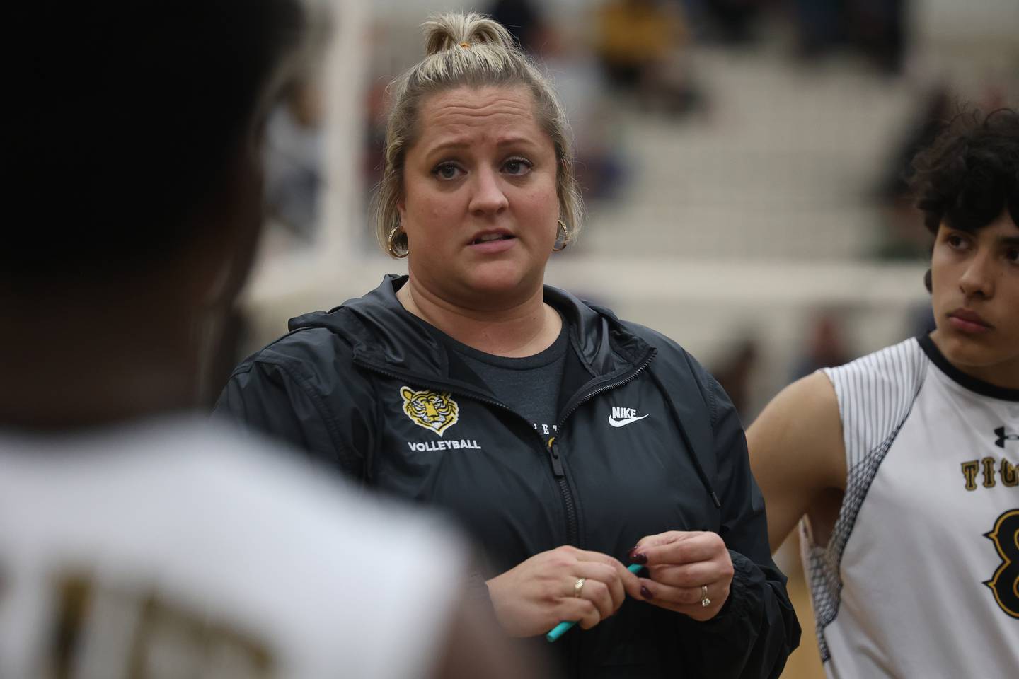 Joliet West head coach Tara Litwicki talks to her players between sets against Plainfield Central on Tuesday, April 23, 2024 in Plainfield.
