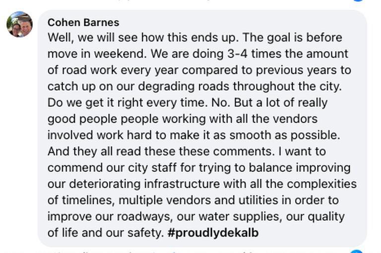 DeKalb Mayor Cohen Barnes took to social media on Tuesday, Aug. 6, 2024, in defense of the city’s scheduled plans to perform pavement work on the North Annie Glidden Road underpass.