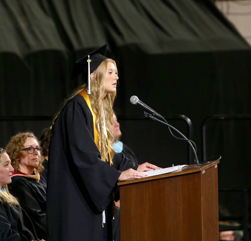 Salutatorian Morgan Beam speaks at the Kaneland High School Class of 2025 Graduation in DeKalb on Sunday, May 18, 2025.