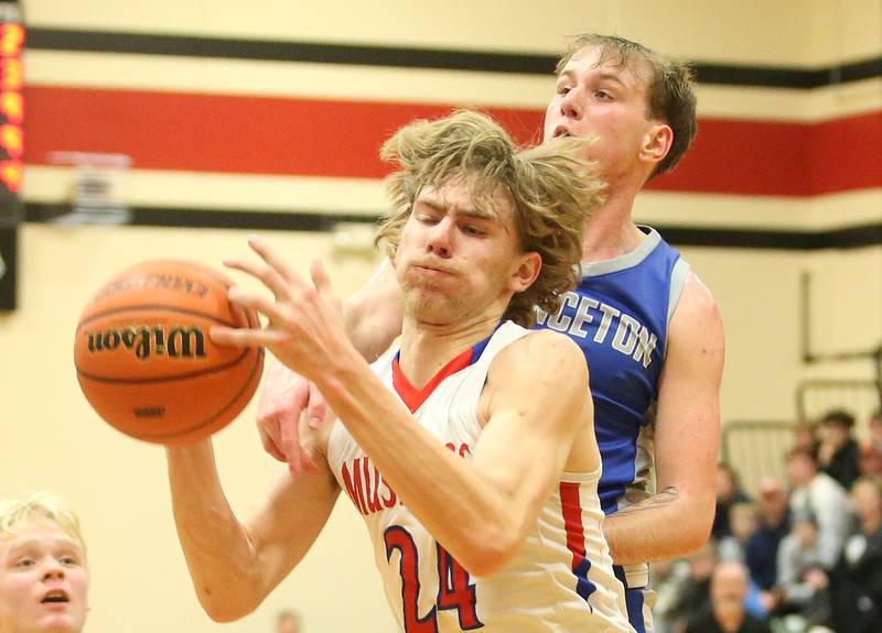Morrison's Brenden Martin catches the ball in front of Princeton's Korte Lawson during the Class 2A Regional final game on Friday, Feb. 23, 2024 at Erie-Prophetstown High School.