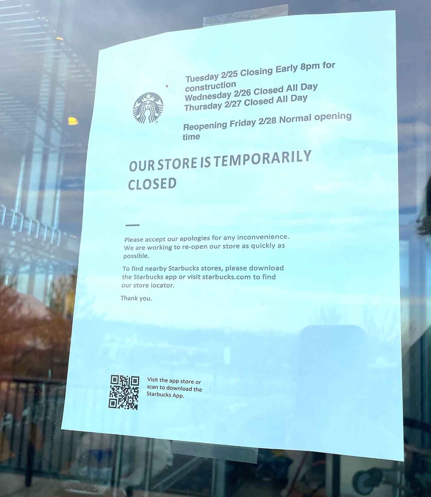 Sign posted on the door of the Starbucks on 159th Street in Lockport on Wednesday, Feb. 26, 2025.