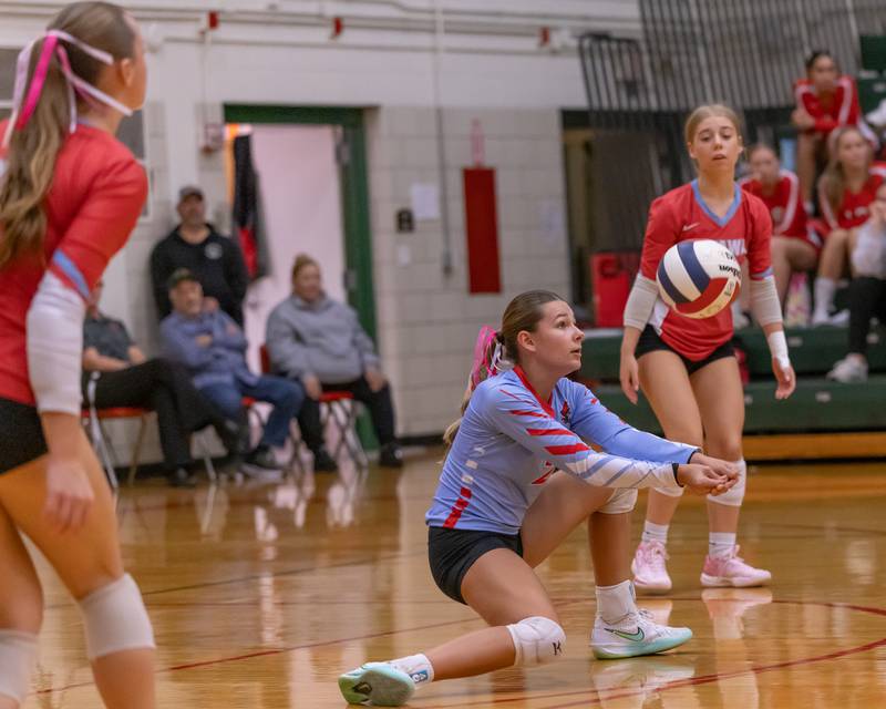 Meredith Waldron of Ottawa High School returns a serve during the match at Sellett Gym on Oct. 15, 2025 at LaSalle-Peru High School.