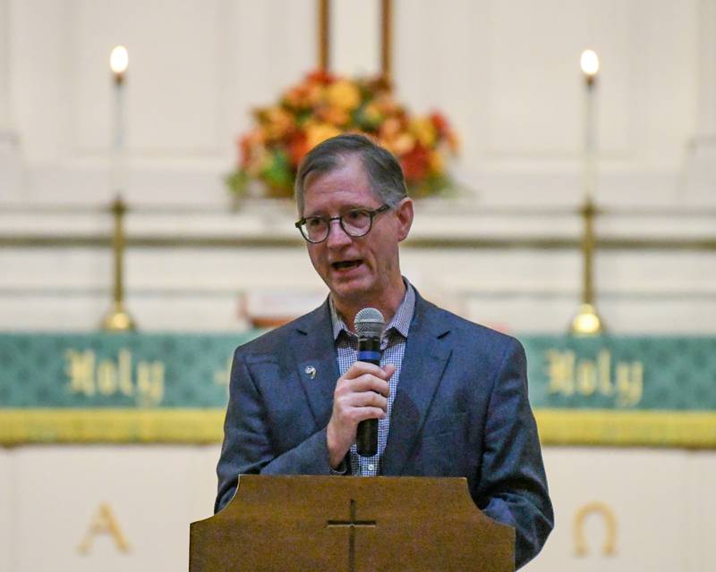 The Rev. Dr. John C. Dorhauer of First Congregational United Church of Christ in DeKalb speaks during a prayer vigil for peace in Israel and Palestine held on Tuesday, Nov. 21, 2023, at the Church of Christ in DeKalb.