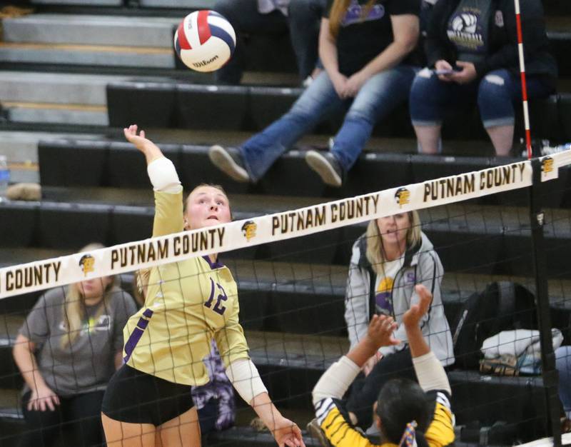 Serena's Anna Hjerpe sends a spike to Putnam County on Monday, Sept. 22, 2025 at Putnam County High School.