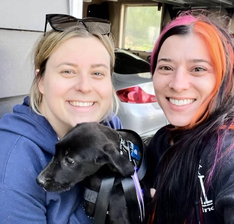 Tiny N Tall Rescue, Inc. medical director Shelby Golonka and founder Niccalina Santilli pose with one of 49 pets transferred to Illinois foster homes from overcrowded Harlan County Animal Shelter in Kentucky since May 2025.