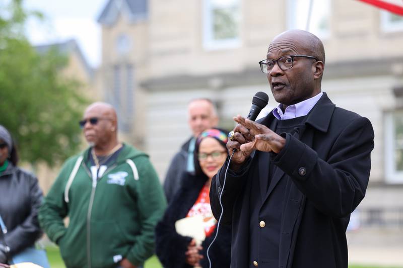 Al Riley, a former Illinois State Rep, speaks during the May Day Strong rally at the Kankakee County Courthouse on May 1, 2026, as part of a national day of action.