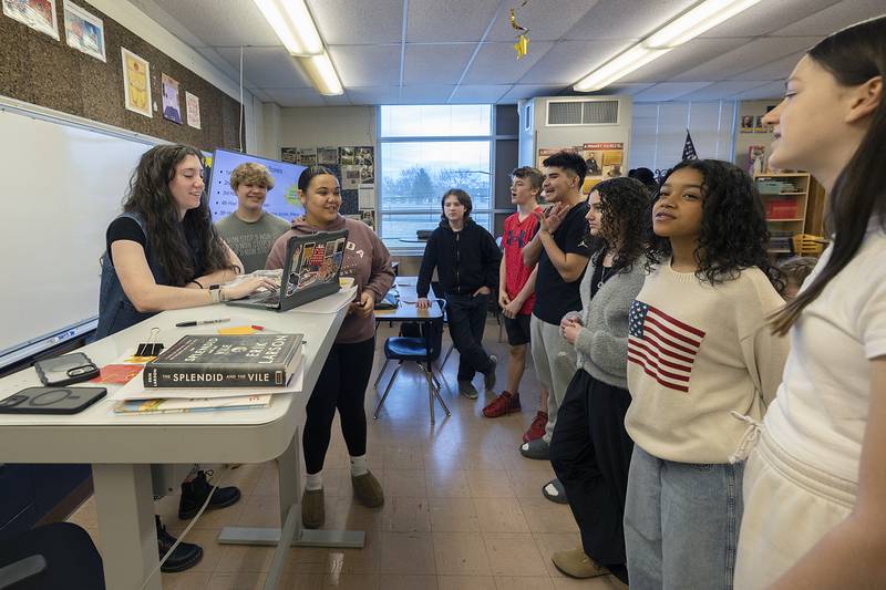 Challand Middle School social studies teacher Megan Grady leads her class in a quiz Thursday, March 27, 2025.