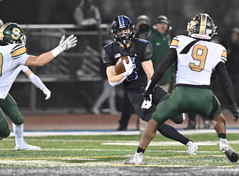 Lincoln-Way East's Keagan Ruane (6) catches a pass for a big gain during the IHSA Class 8A Quarterfinals game against Stevenson on Friday, Nov. 15, 2024, at Frankfort. (Dean Reid for Shaw Local News)