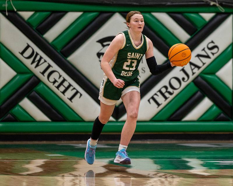 St. Bede's Lili McClain (23) dribbles ball down court on Monday, January 19, 2026 at the Krese Memorial Gymnasium in Dwight.