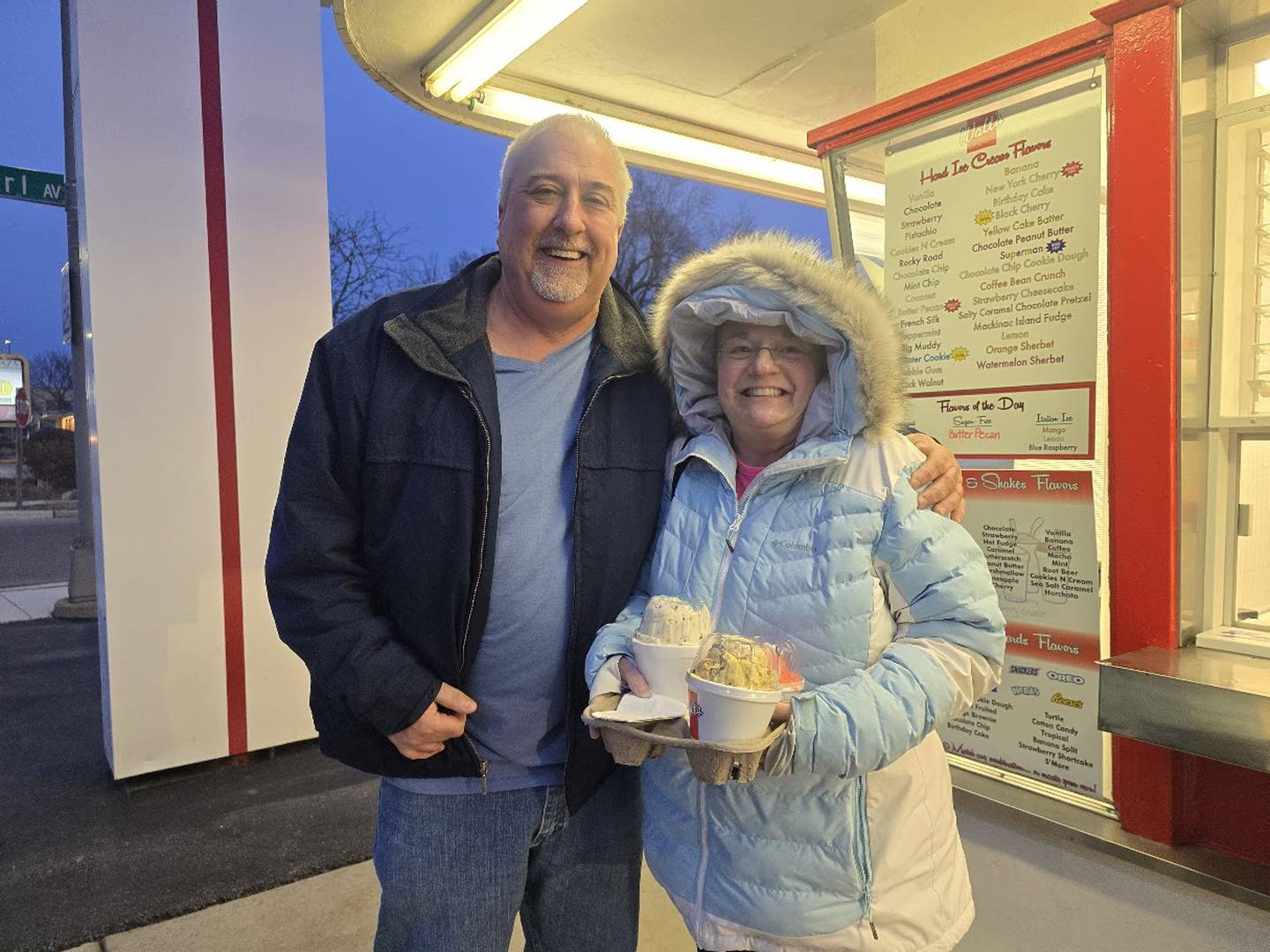 Jeff and Nancy Crampton of Joliet came out to Walt's Ice Cream in Joliet on opening day for the first time and even bought watermelon sherbet for Jeff Crampton's father Raymond Crampton of Joliet, who has cancer. The couple is seen with their orders on Sunday, March 1, 2026.