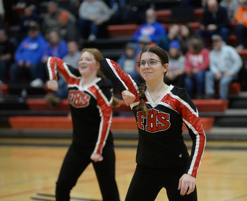Kaylynn Schliesher (right) and Chloe Lerch, members of Forreston High School's dance team, perform during halftime of the boys varsity basketball game on Saturday, Jan. 4, 2025 at Forreston High School.