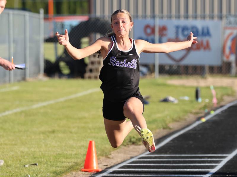 Rochelle’s Elyse Manning competes in the triple jump Friday, May 15, 2026, during the Class 2A girls track sectional at Genoa-Kingston High School.