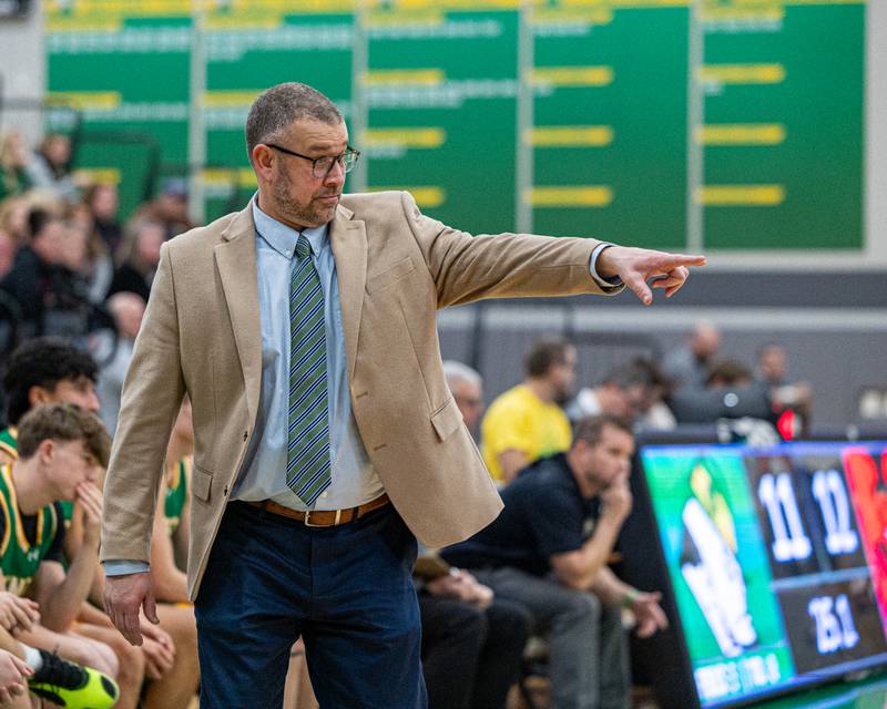 Seneca Head Coach, Nathaniel Meiss calls play during game against Hall in the Shipyard Showdown on Tuesday, December 23, 2025 at Seneca High School in Seneca.