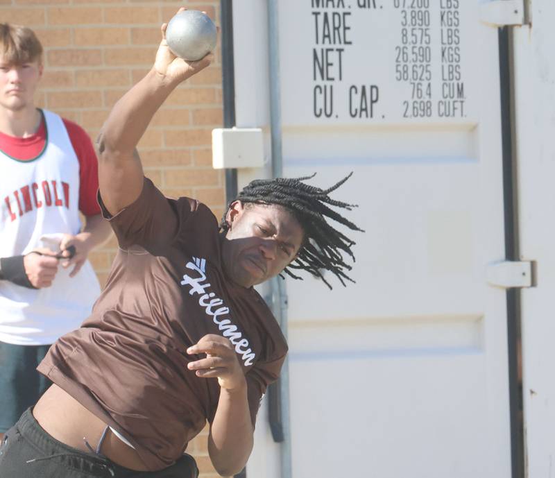 Joliet Catholic's Cameron Wright competes in the shot put during the Class 2A Sectional on Wednesday, May 20, 2026 at Pontiac High School.