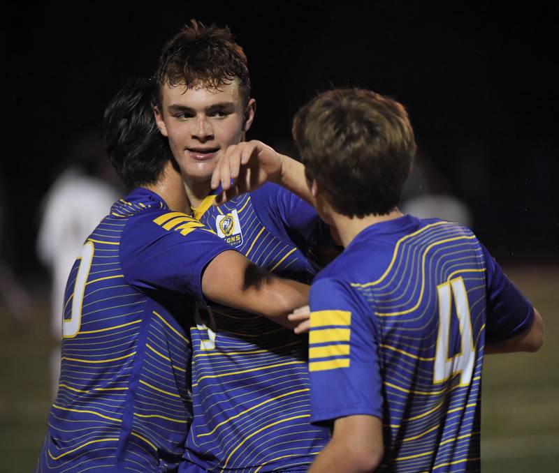 Lyons Township’s Owen Suda celebrates the Lions win against Naperville North in the Class 3A state soccer semifinal game in Hoffman Estates on Friday, November 3, 2023. He scored the only goal of the game.
