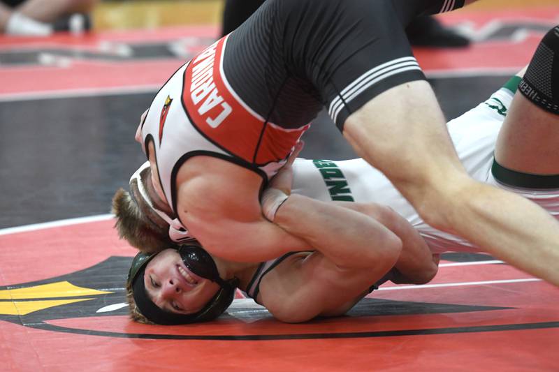 West Carroll's Jonner Smith and Stillman Valley's Ethan Waugh wrestle for the 165 pound championship at the 1A Stillman Valley Sectional on Saturday, Jan. 31, 2026 at Stillman Valley High School.