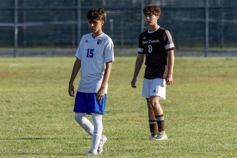 Joliet Central's Rafael Garcia and Joliet Catholic's Liam Condron stand ready for action during a varsity soccer game at Joliet Catholic on Sept. 8, 2025.