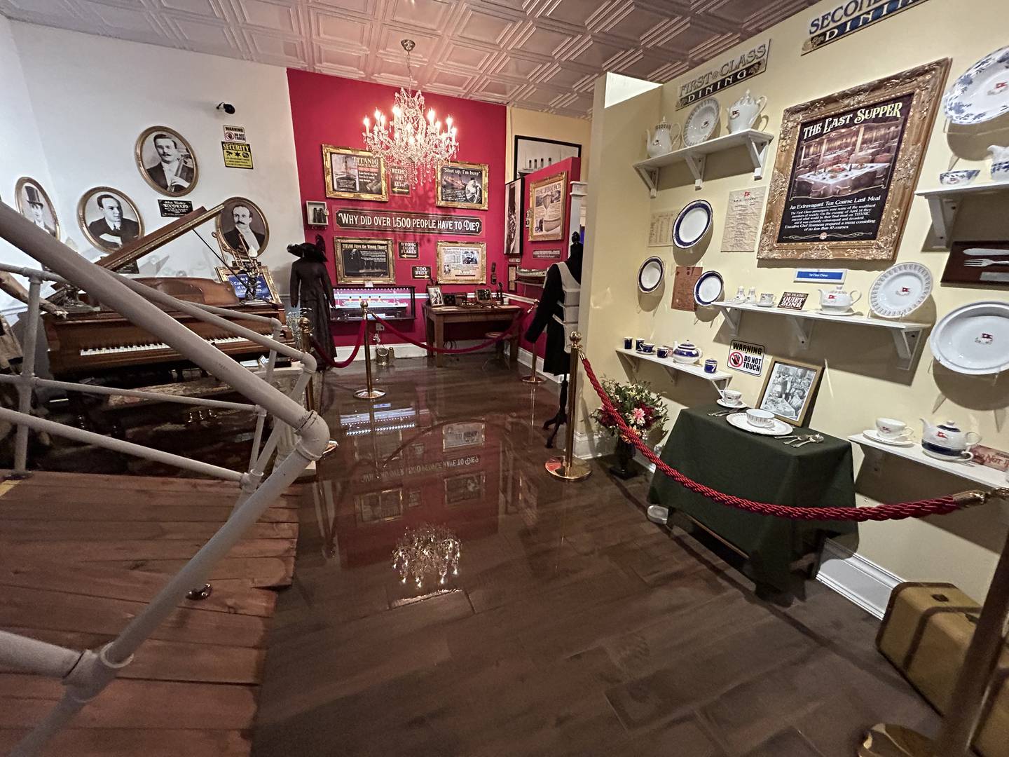 Water eerily creeps up the replica sloped decks, mimicking the pitch of the Titanic's deck during its final moments, in a hauntingly realistic scene at the Volo Museum's Titanic exhibit.
