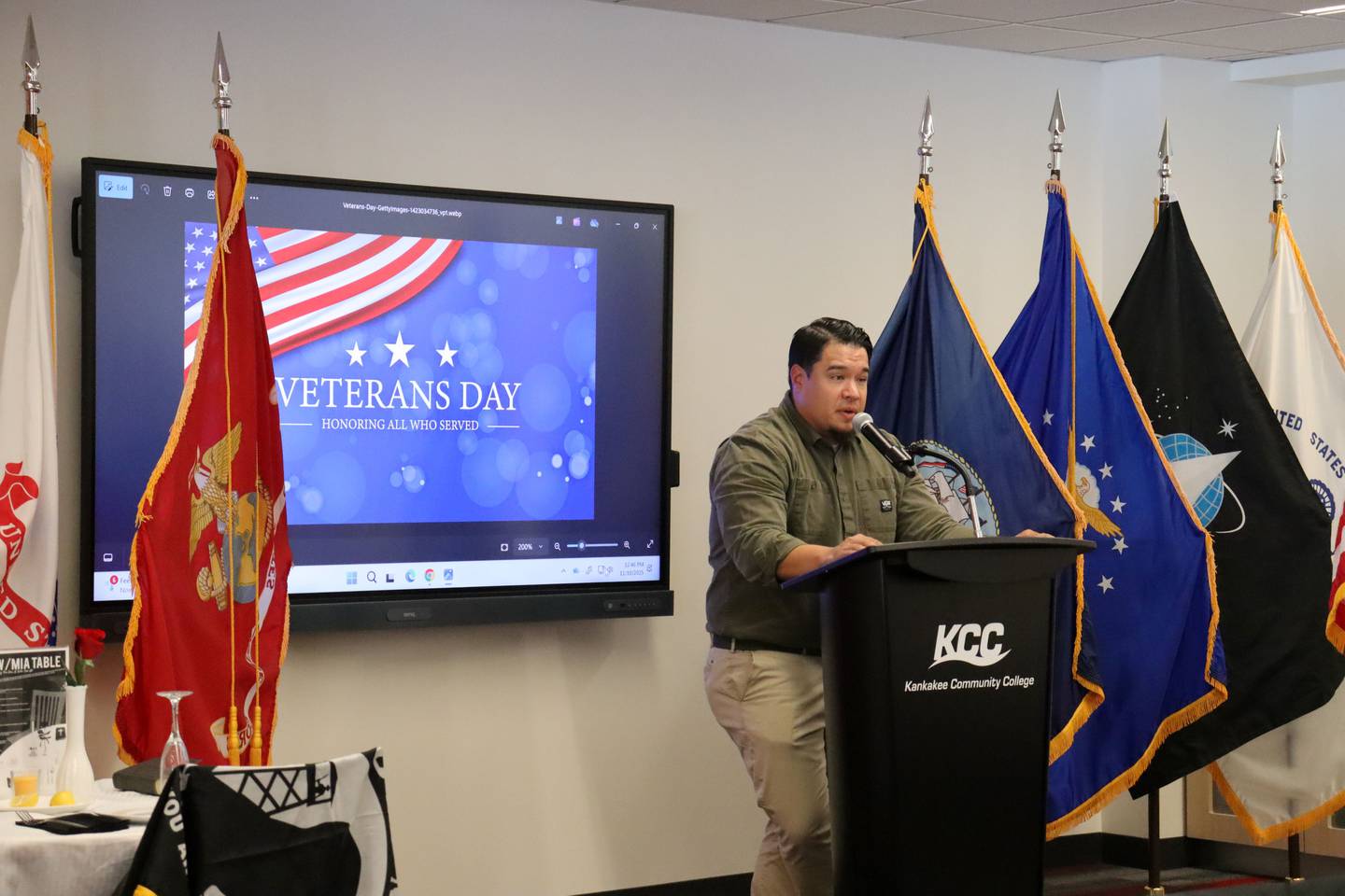 Eric Peterson, superintendent of the Veterans Assistance Commission of Kankakee County and a KCC graduate, speaks during the Veterans Recognition Ceremony at KCC in 2025. Peterson is a veteran who served in Iraq and Afghanistan.