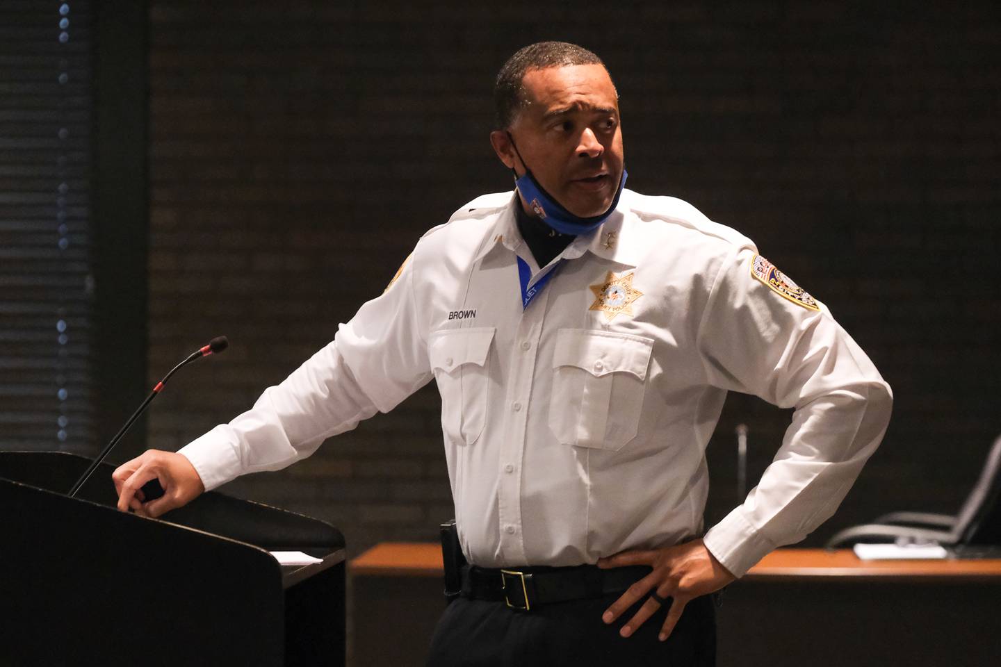 Interim Police Chief Robert Brown addresses productive meetings in the past with the public regarding the Police Department Citizen Advisory Board proposal at the Council Chambers in Joliet City Hall. Monday Nov. 8, 2021.