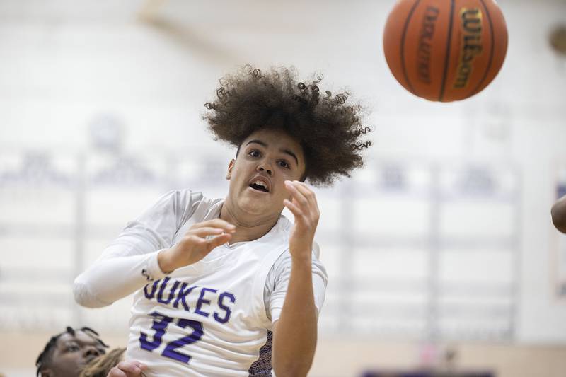 Dixon’s Darius Harrington loses the ball in a game against Rockford Lutheran Friday, Jan. 20, 2023.