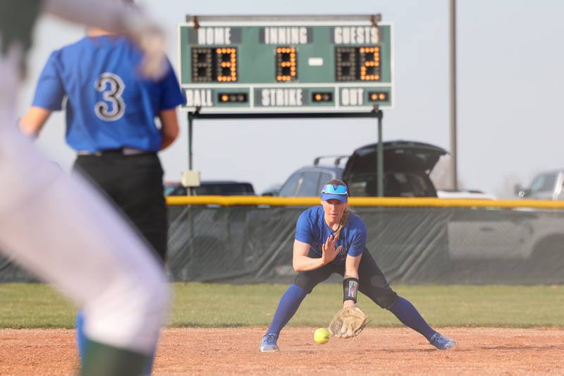 Milford/Cissna Park's Addison Lucht fields a hit at shortstop during Grant Park's 12-2 victory in six innings on Wednesday, March 25, 2026.