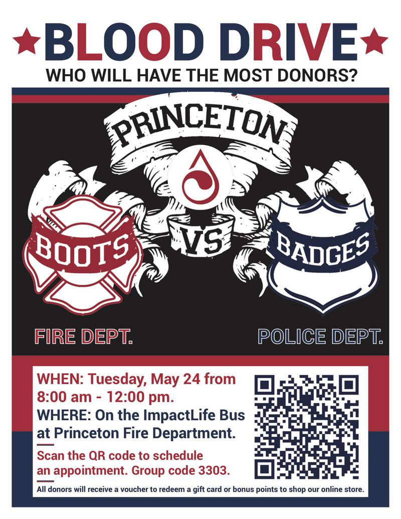 Princeton Boots vs. Badges Blood Drive flyer.