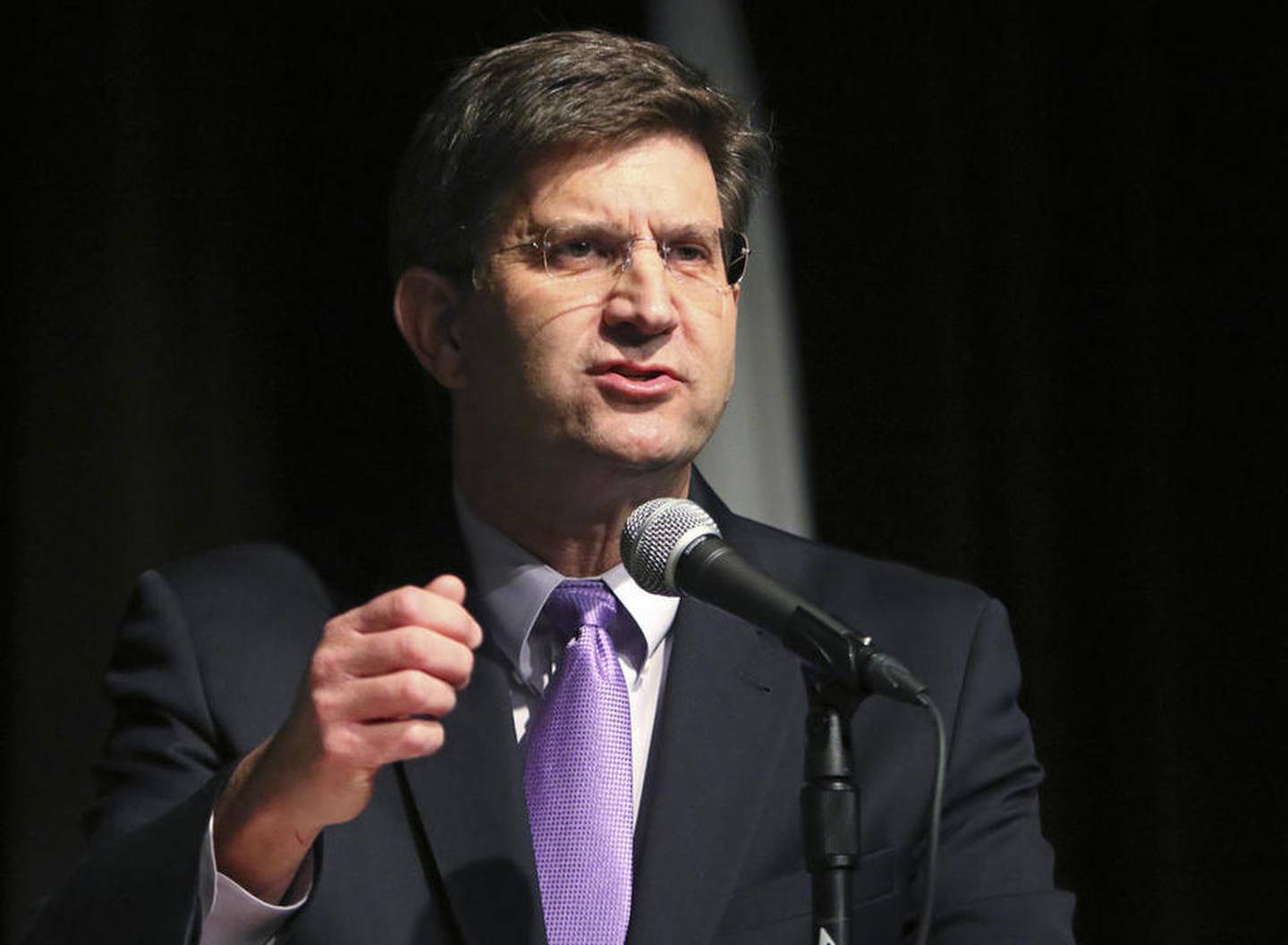 FILE - In this Feb. 3, 2016 file photo, Democrat candidate for Illinois' 10th Congressional District Brad Schneider, speaks during a debate in Lincolnshire, Ill. (Steve Lundy/Daily Herald via AP, File)