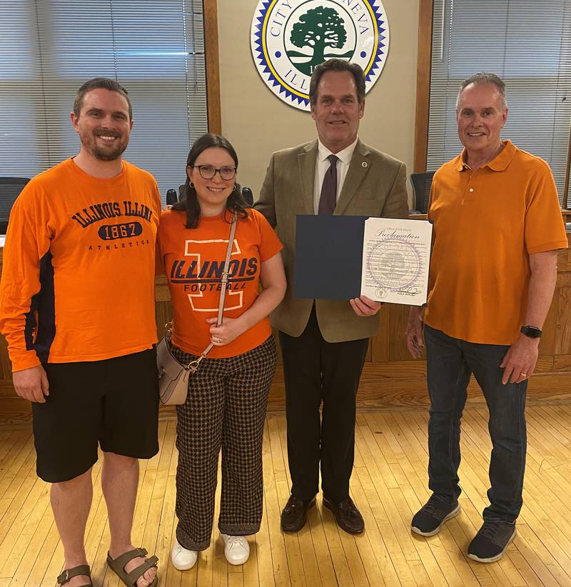 Ben and Anna Wald, Geneva Mayor Kevin Burns and Steve McHugh with the city's proclamation for National Gun Violence Awareness Day June 6.  Speaking at the June 2, 2025 City Council meeting, McHugh said, 'One of the best ways to honor victims is to work to prevent future tragedies.'