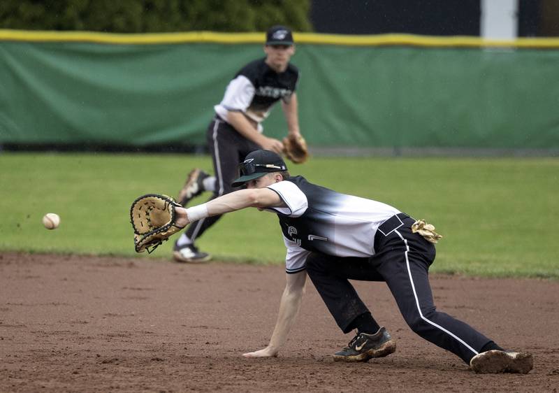 Rock Falls’ Owen Laws fields a ball for an out against Dixon Thursday, April 9, 2026.