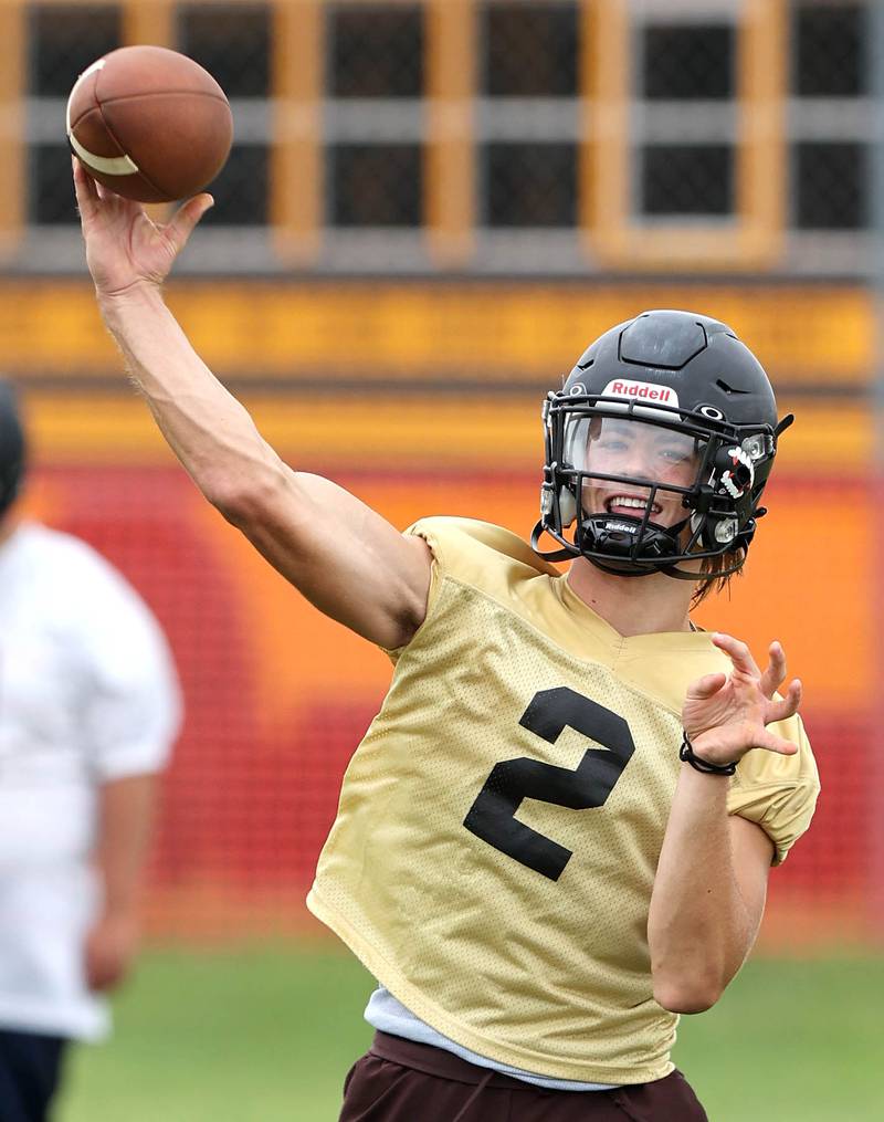 Sycamore quarterback Elijah Meier throws a pass Monday, Aug. 8, 2022, at the school during their first practice ahead of the upcoming season.