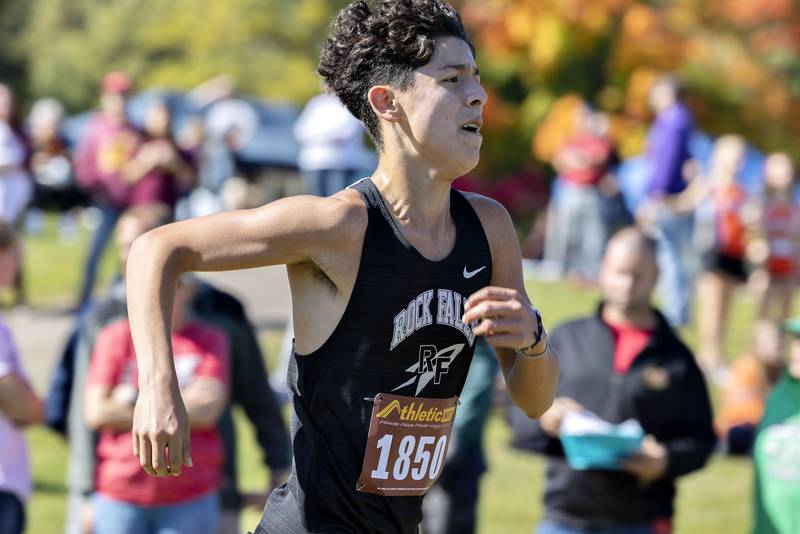 Rock Falls’ Jose Gomez takes 5th place during the boys varsity race at the Amboy Columbus Day Invitational Monday, Oct. 10, 2022.