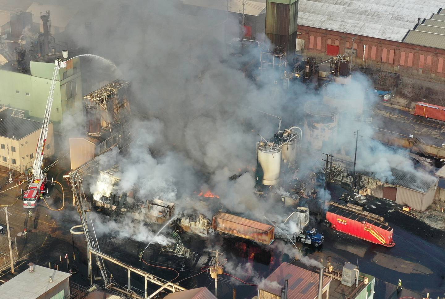 An aerial view of a massive fire at Carus Chemical Company on Wednesday, Jan. 11, 2023 in La Salle.