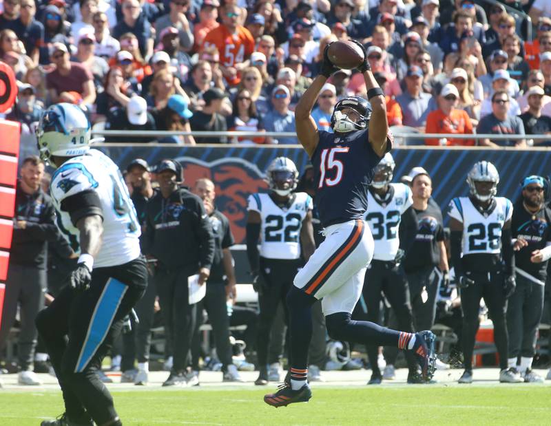 Chicago Bears Rome Odunze makes a wide-open catch against Carolina Panthers offensive linebacker Charles Harris on Sunday, Oct. 6, 2024 at Soldier Field in Chicago.