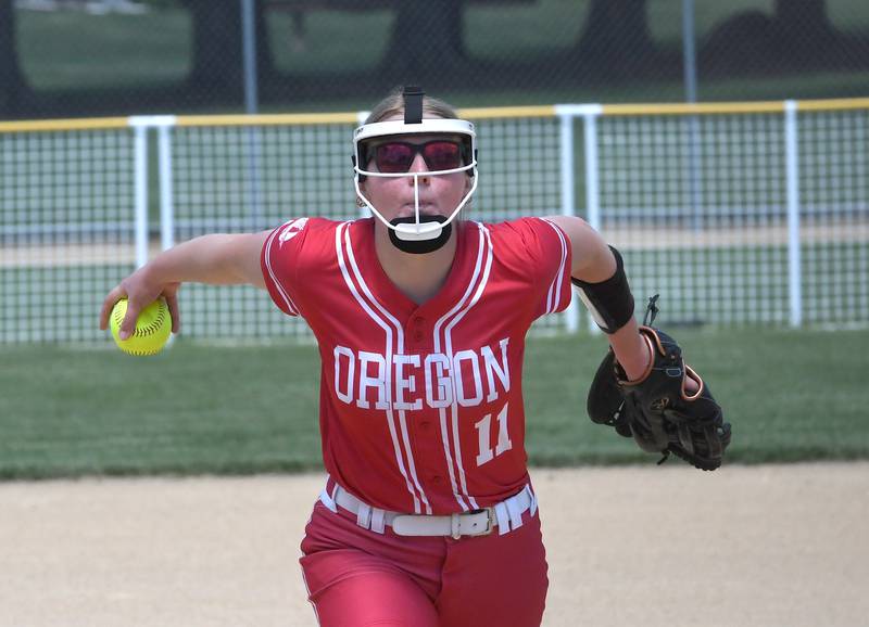 Oregon's Izzy Berg pitches against Rock Falls at the 2A Oregon Regional on Saturday, May 23, 2026 at Oregon Park West.