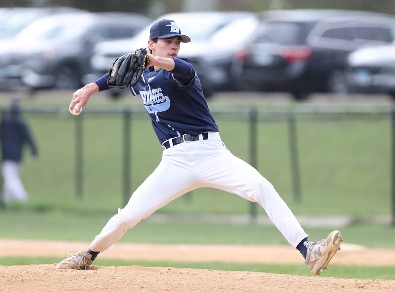 Downers Grove South's Corey Urban (25) pitches during the varsity baseball game between Downers Grove South and Downers Grove North in Downers Grove on Saturday, April 29, 2023.